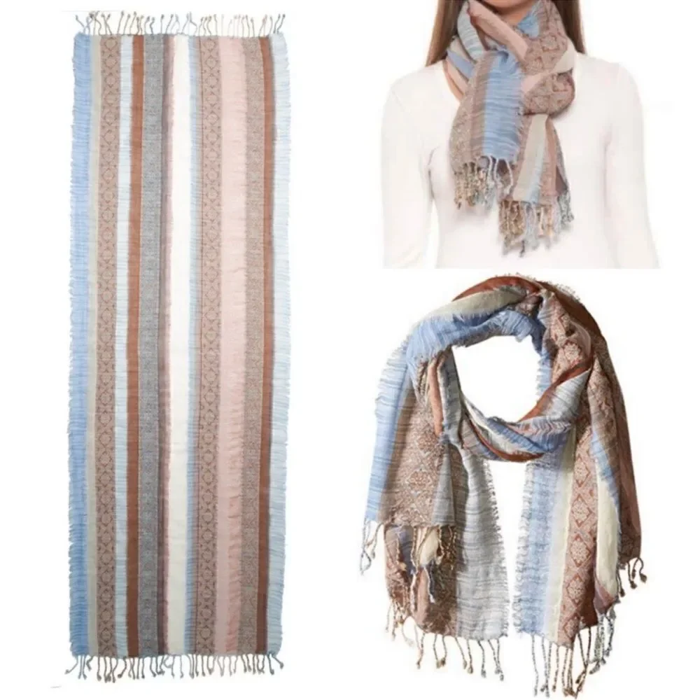 PRANA Mae Scarf Wrap Fringed Striped Tan Blue Cream Multicolored 100% Wool